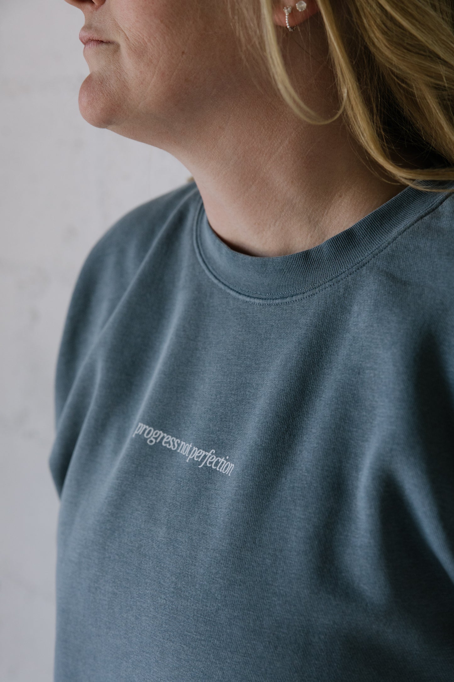 Progress Not Perfection (Denim) Pigment-Dyed Crewneck Sweatshirt | Encouragement Apparel | Positive Vibes