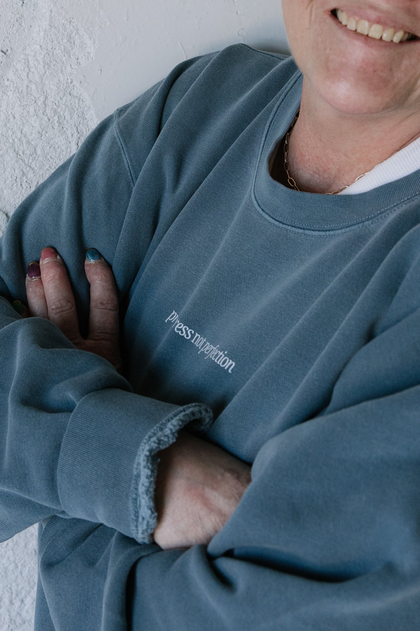 Progress Not Perfection (Denim) Pigment-Dyed Crewneck Sweatshirt | Encouragement Apparel | Positive Vibes