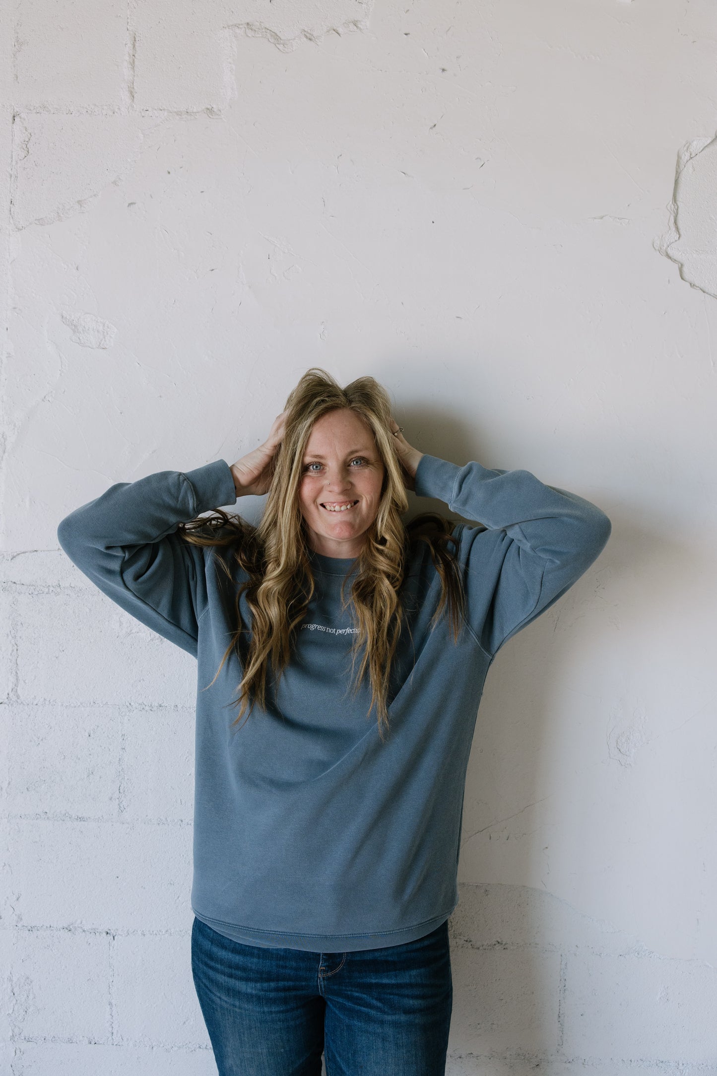 Progress Not Perfection (Denim) Pigment-Dyed Crewneck Sweatshirt | Encouragement Apparel | Positive Vibes