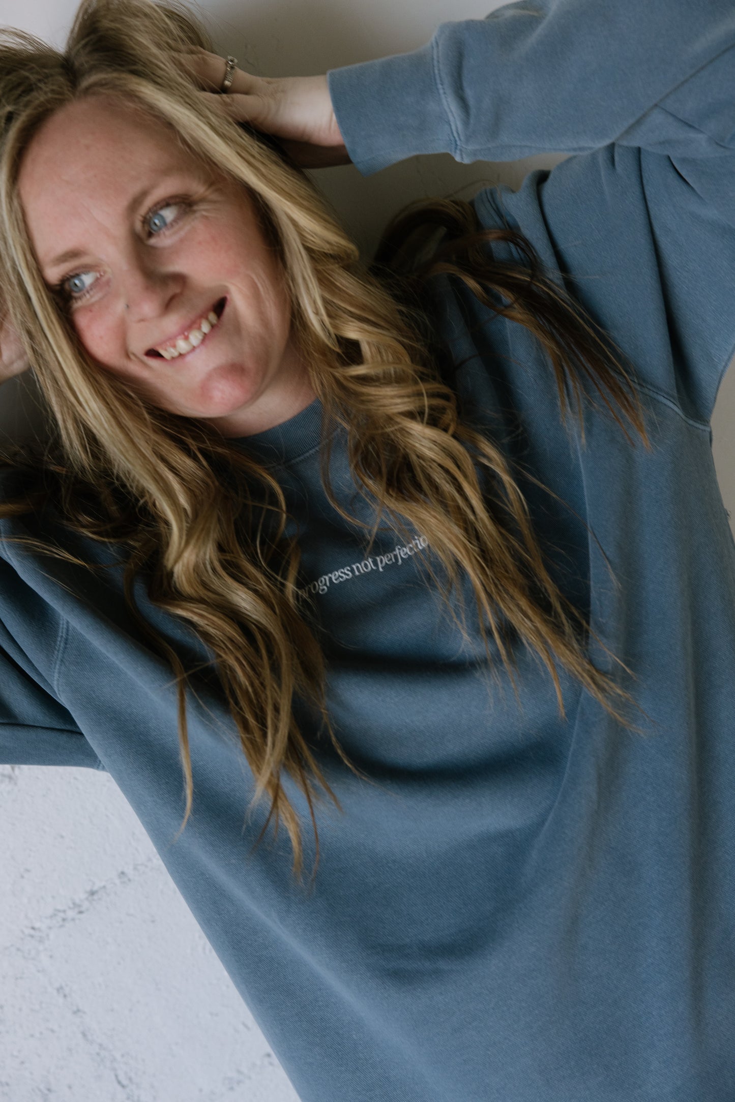 Progress Not Perfection (Denim) Pigment-Dyed Crewneck Sweatshirt | Encouragement Apparel | Positive Vibes