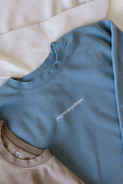 Progress Not Perfection (Denim) Pigment-Dyed Crewneck Sweatshirt | Encouragement Apparel | Positive Vibes