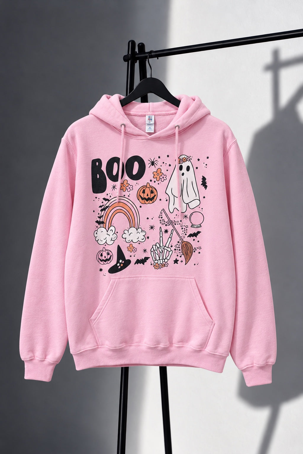 Light pink BOO Halloween hoodie with ghost and rainbow design