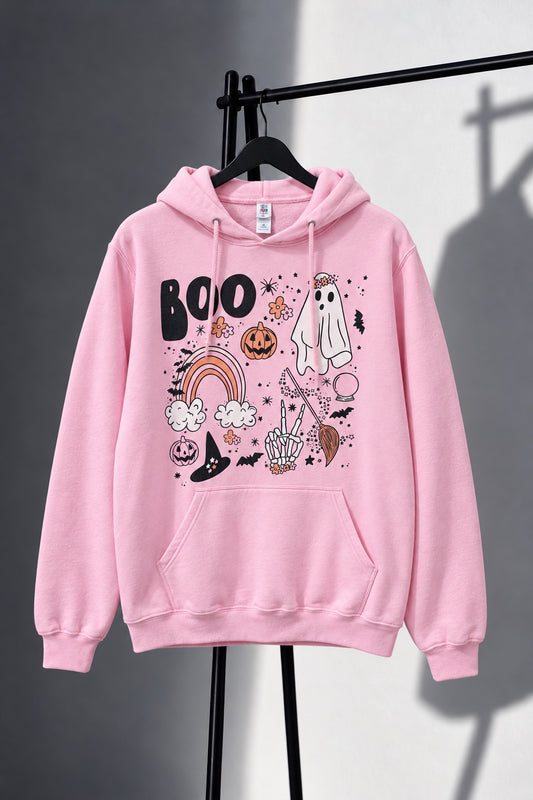 Light pink BOO Halloween hoodie with ghost and rainbow design