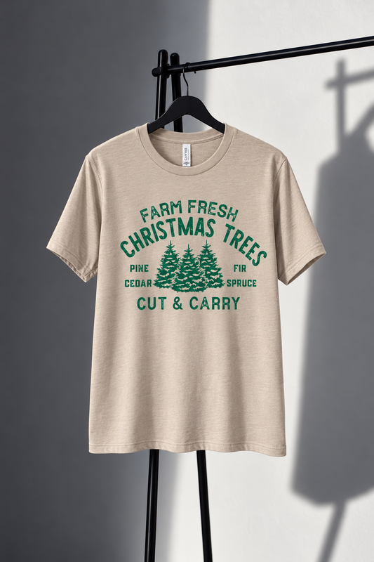 Neutral Bella Canvas tee with green Farm Fresh Christmas Trees screen print