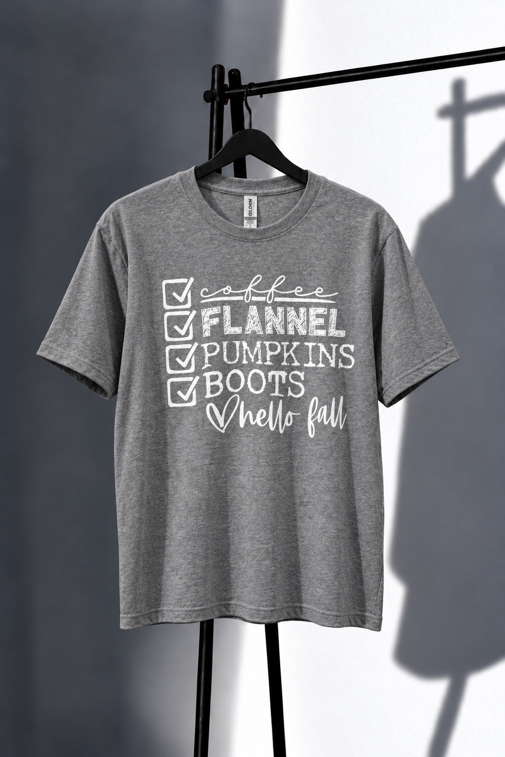 Heather gray Hello Fall checklist graphic tee with white screen print