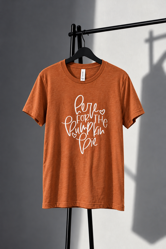 Heather Autumn Here for the Pumpkin Pie tee with white screen print