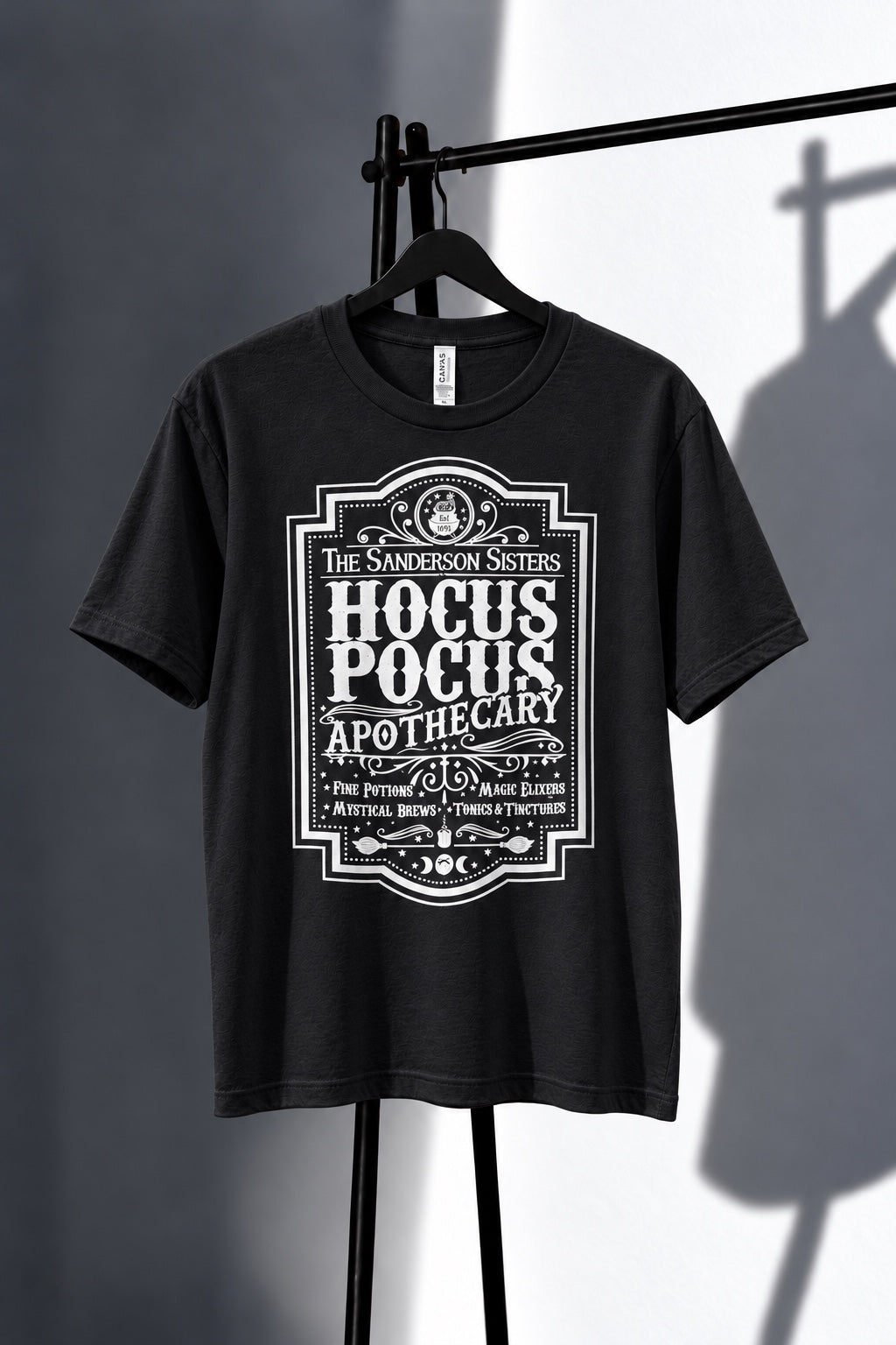 Black Hocus Pocus Apothecary tee with white graphic