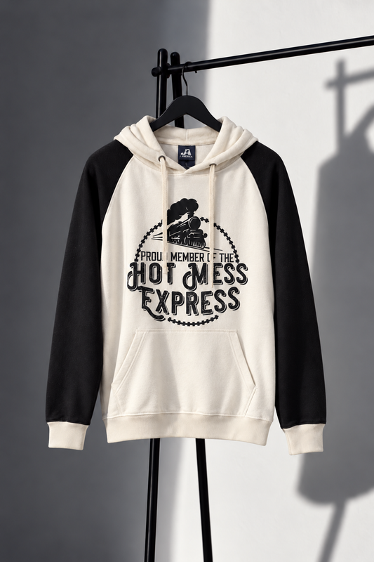 Cream and black J America lightweight hoodie with black Hot Mess Express train screen print