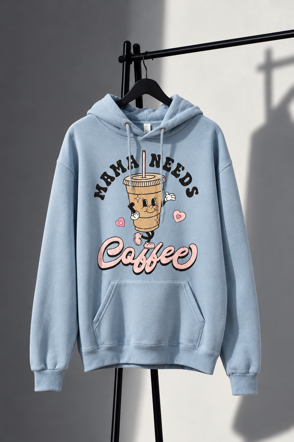 Mama Needs Coffee Light Blue Graphic Hoodie – Medium