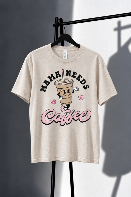Mama Needs Coffee neutral graphic tee with pink accents