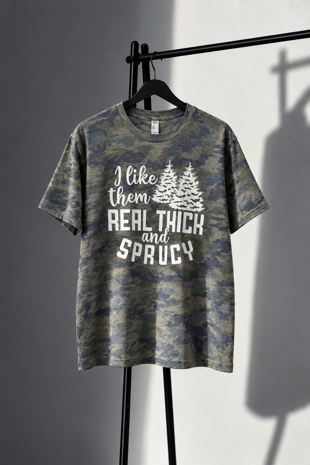 LAT camouflage tee with white Real Thick and Sprucy evergreen tree screen print