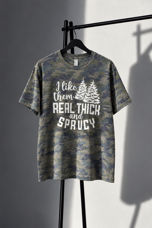 LAT camouflage tee with white Real Thick and Sprucy evergreen tree screen print