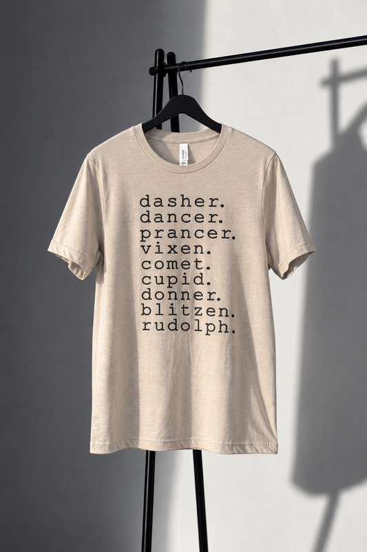 Neutral Bella Canvas tee with nine reindeer names in black typewriter lettering