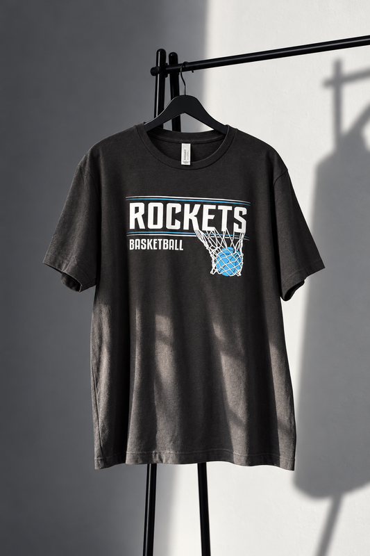 Black Bella Canvas Rockets Basketball tee with white and light blue screen print