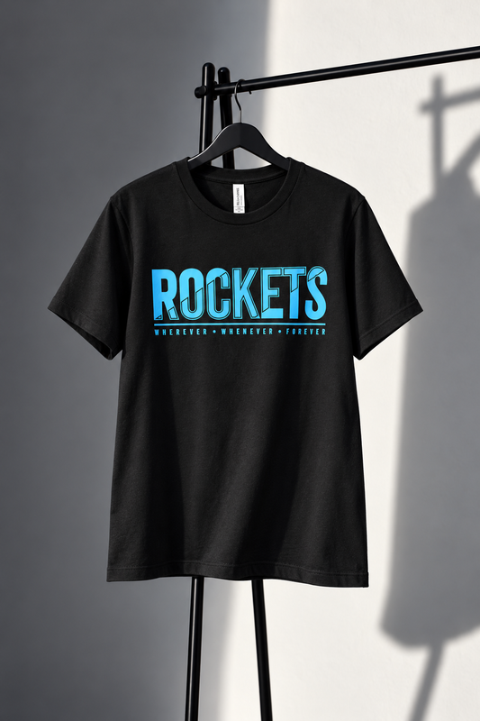Black Bella Canvas tee with blue Rockets Wherever Whenever Forever screen print