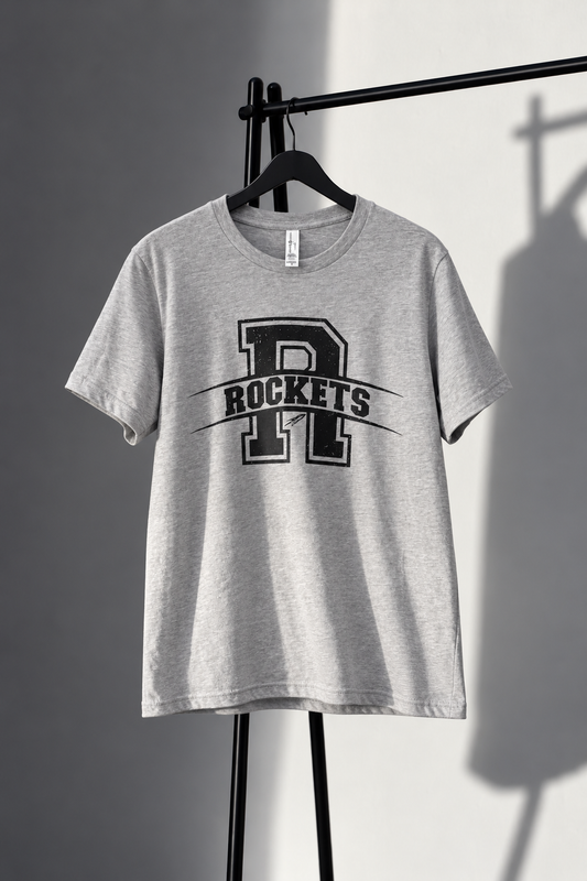 Gray Bella Canvas tee with distressed black varsity R and Rockets screen print