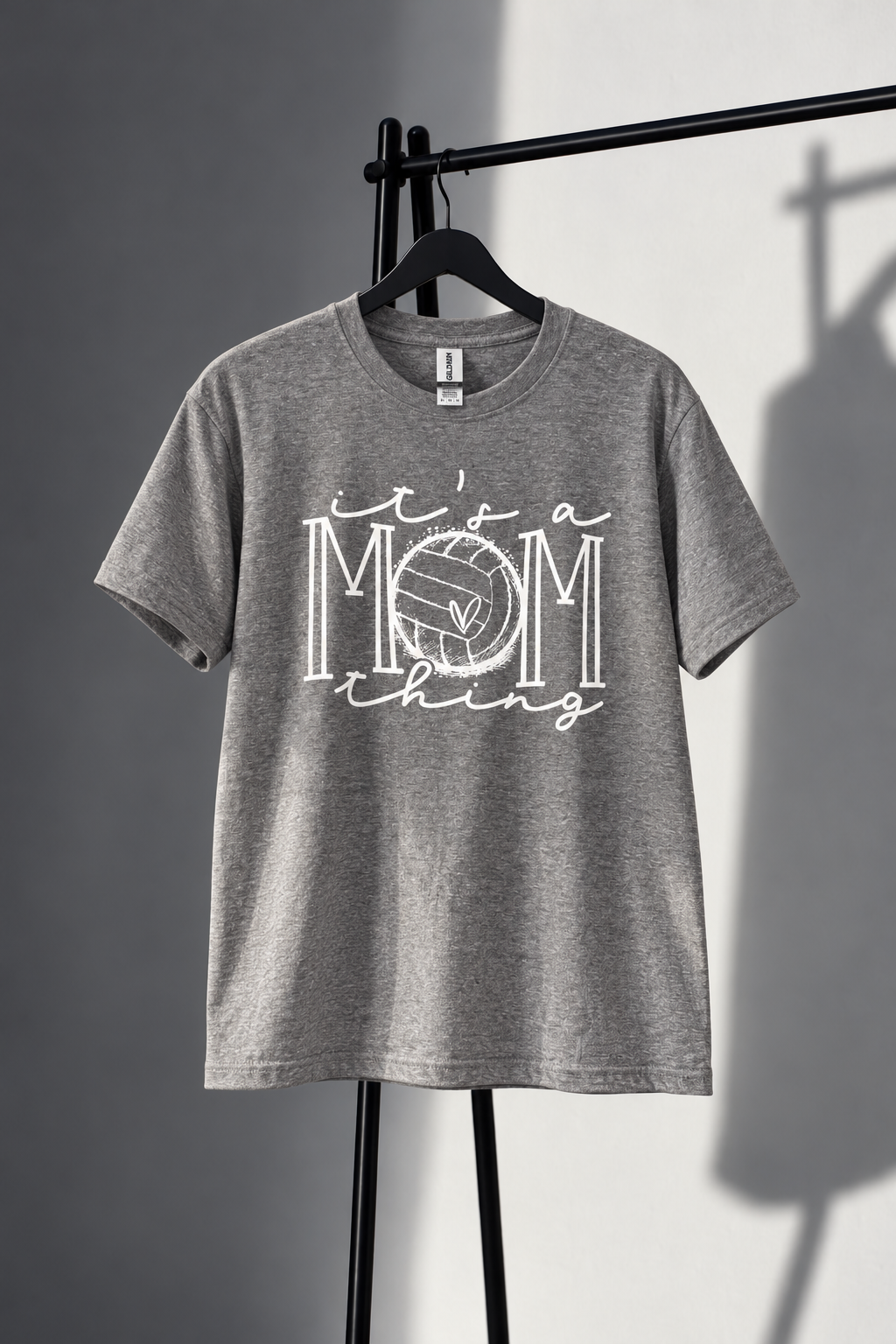Heather gray Gildan tee with white Its a Mom Thing volleyball screen print