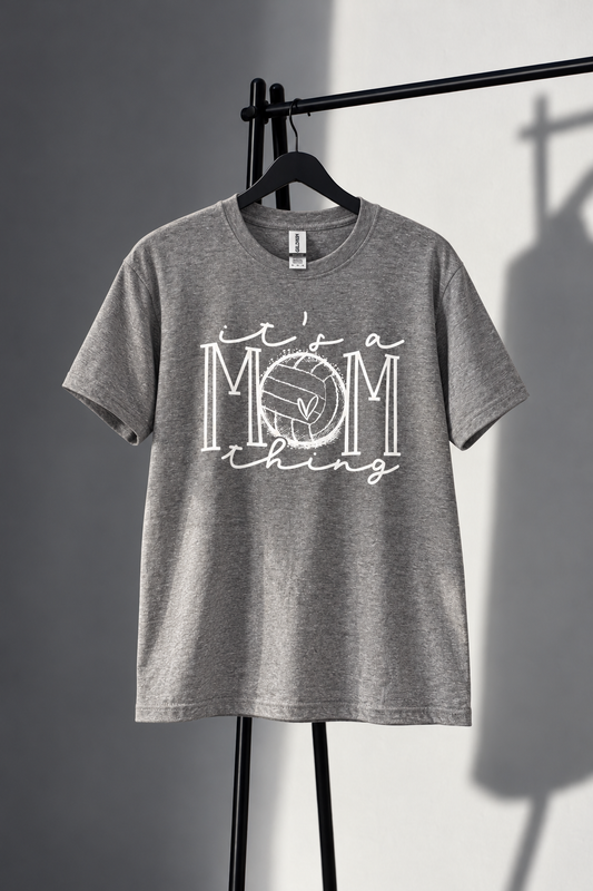 Heather gray Gildan tee with white Its a Mom Thing volleyball screen print