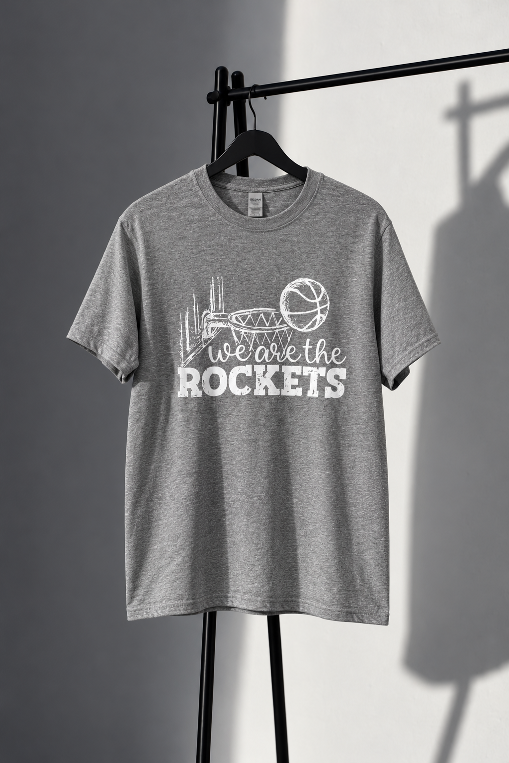 Heather gray Gildan tee with distressed white We Are the Rockets basketball screen print