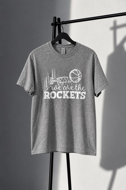 Heather gray Gildan tee with distressed white We Are the Rockets basketball screen print